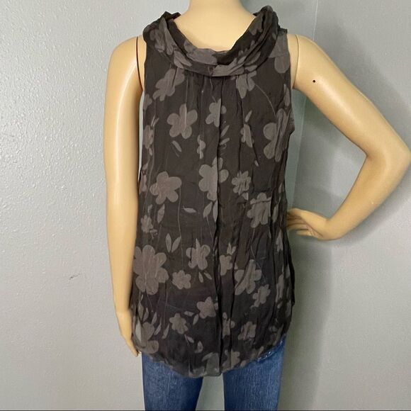 Carla Conti Sleeveless Dark Green Draped Neck Floral Silk Blouse Size Small - Picture 8 of 10